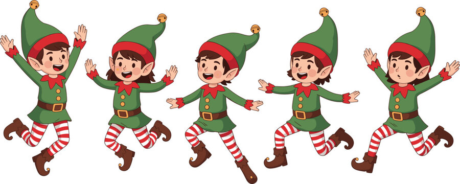 Cute Christmas Elf Kids Dancing Illustration Set in Festive Holiday Cartoon Style Vector