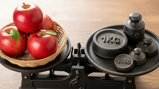Red apples in basket on vintage scale with weights for measurement  