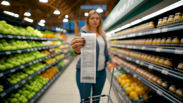 Grocery Shopper Holding Long Receipt in Supermarket Aisle While Comparing Food Prices and Household Spending Choices During Shopping Trip