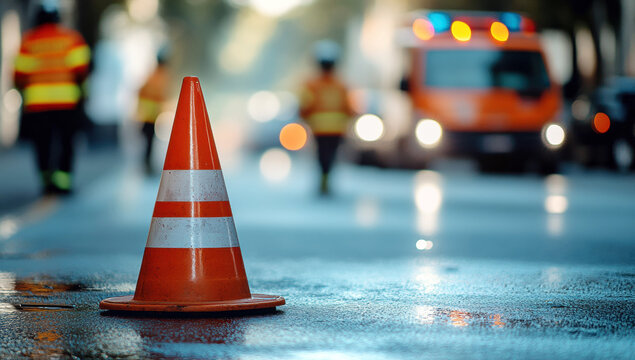 Orange traffic cone signaling danger on wet asphalt with firefighters working in the background on a blurred urban street