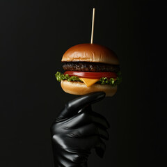Black-gloved hand gripping gourmet burger with crisp lettuce, ripe tomato, melted cheese on shadowy dark surface