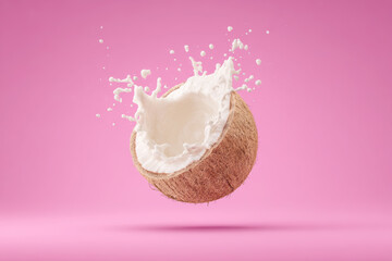 Halved coconut with fresh milk splashing against a bright pink background, showcasing healthy tropical drink