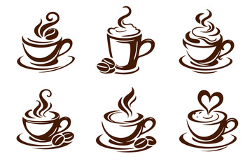 Monochrome coffee cup icon set with steaming mugs, espresso beans and latte art heart, vintage brown line vector illustration for cafe menus, labels, packaging, app icons and branding.