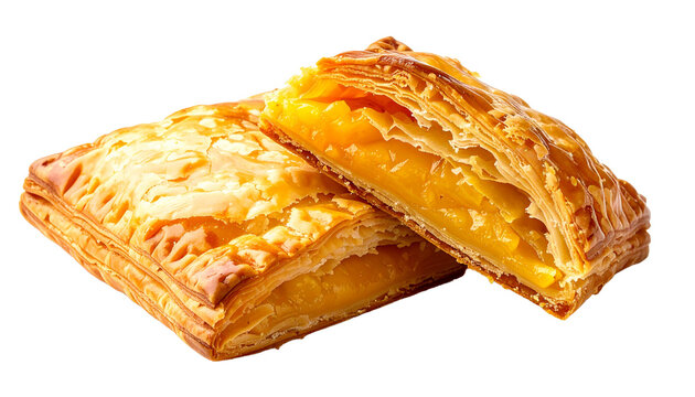 Delicious golden brown pineapple pie with a flaky puff pastry crust, cut in half to show the sweet fruit filling. This tasty dessert is isolated on a transparent background for easy use.