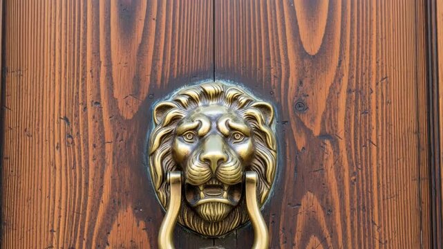 Lion head door knocker on wooden entrance door , Close-up of a brass door knocker 