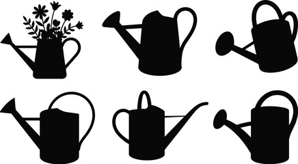 Watering can silhouettes set, garden tools collection, plant care equipment, flower watering design, black vector illustration, home gardening decor, isolated © Frd Art