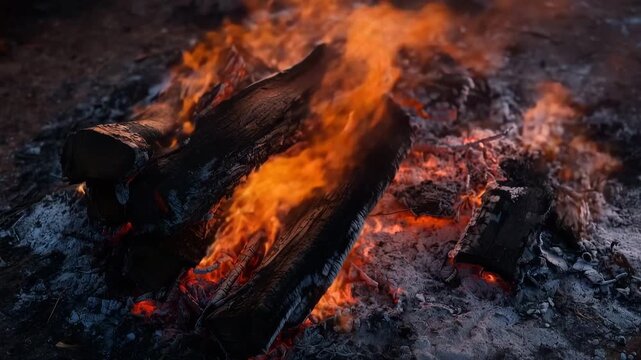 a real funeral pyre fire thick logs burning with intense flames, ash and soot everywhere, gritty ground texture