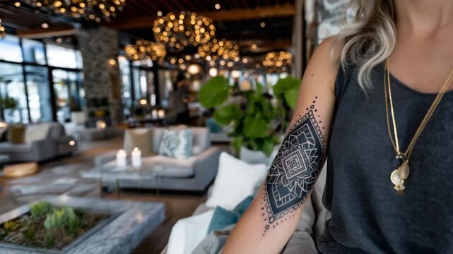 22Close-up of a geometric tattoo on a woman&rsquo;s forearm, precise linework forming sacred geometry patterns, dotwork accents, clean symmetry, modern tattoo aesthetic with sharp clarity
