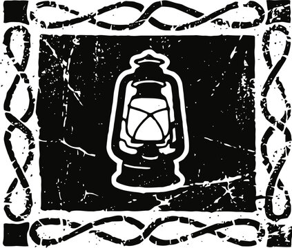 Vintage lantern illustration with ornate rope border in black and white grunge