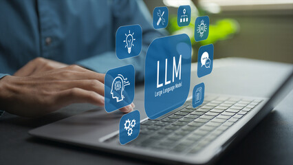 LLM concept with large language model, artificial intelligence and natural language processing. Advanced AI technology powering text generation, analysis and intelligent communication. © Pakin