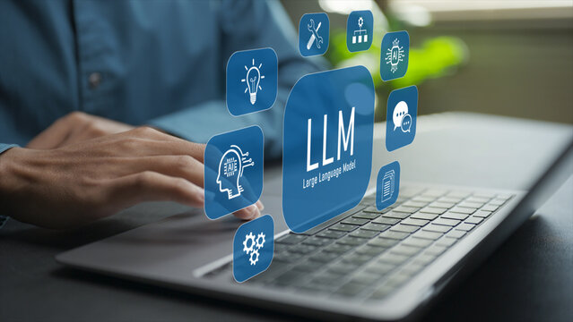LLM concept with large language model, artificial intelligence and natural language processing. Advanced AI technology powering text generation, analysis and intelligent communication.