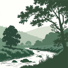 Fototapeta premium Serene nature valley with river and greenery tree
