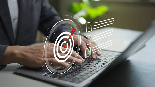 Target checklist concept with goal setting on virtual screen, task completion and progress tracking. Business planning tool for managing objectives, priorities and performance targets efficiently.