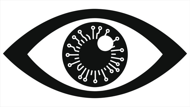 Black and White AI Cyber Eye Circuit Vector Icon. Artificial Intelligence Computer Vision, Digital Surveillance Machine Learning Tech Graphic. Minimalist Flat Vector Logo of Robotic Eye with PCB 