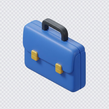 A modern, blue 3D isometric briefcase or satchel icon with yellow buckles and a dark grey handle, ideal for business, office, and travel designs.