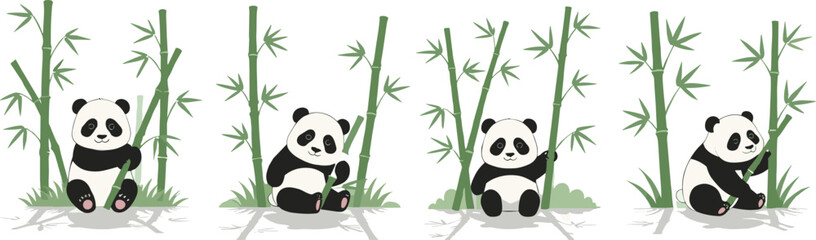 Cute panda bear illustration set showing playful poses among bamboo plants, wildlife character collection in clean flat vector style © MdMunzurul
