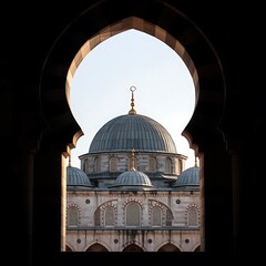 Fototapeta premium Mosque with domes and arches under clear sky