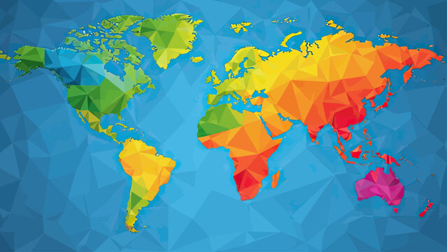 A colorful, low-poly world map, with each continent rendered in a mosaic of geometric shapes