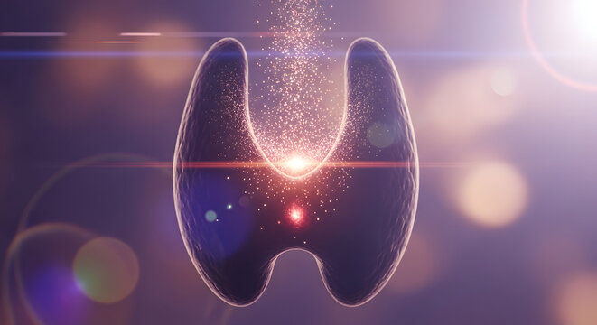 A detailed digital rendering of the human thyroid gland showing a vibrant glowing core emanating energetic particles upwards against a soft purple background with subtle lens flares and bokeh lights.