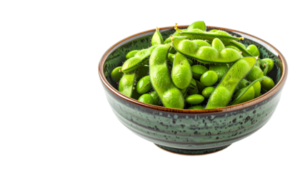 A ceramic bowl filled with fresh, steamed green edamame soybeans in pods, a healthy Japanese appetizer, isolated on a transparent background. Healthy vegan and vegetarian food concept.