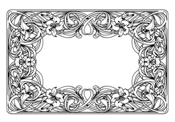 Obraz premium Ornate border with flowing curves, lilies, and vines in a decorative frame vector illustration