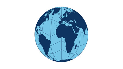 Stylized Earth globe depicts continents in dark blue, oceans light blue, with a geometric grid