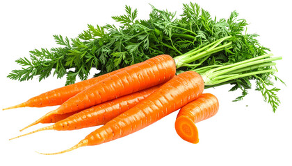 A bunch of fresh, organic carrots with vibrant green tops, including a sliced piece showing the orange cross-section. This raw root vegetable is isolated on a transparent background for easy use.