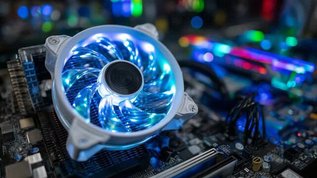 230Close-up of desktop system unit interior, CPU heat sink fan spinning, dust-free blades, RGB lighting reflecting on metal heatsink, technical maintenance concept