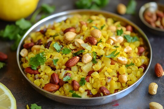 Kanda poha with peanuts and almonds ultra hd photo