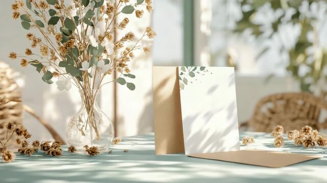 Serene desktop scene featuring glass vase filled with dried floral arrangement and eucalyptus leaves beside blank paper cards and envelopes, bathed in soft light.