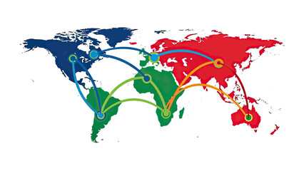 A stylized world map with colored continents and interconnected lines linking different regions © gudangPIXEL