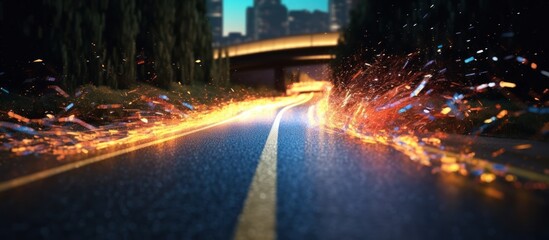 Obraz premium Speeding car on a highway at night with sparks flying.