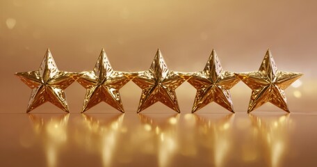Obraz premium The Five Gold Stars Lined Up on a Reflective Warm Background with Bokeh