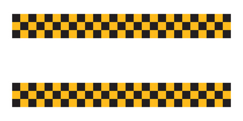 Top and bottom borders with checkered black and yellow print and blank space for text in center. American police or taxi car background. Repeated squares pattern. Vector flat illustration © Andrii