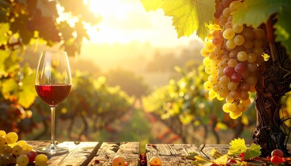 Red wine glass on wooden table with grapes in vineyard during sunset with warm light and clear sky