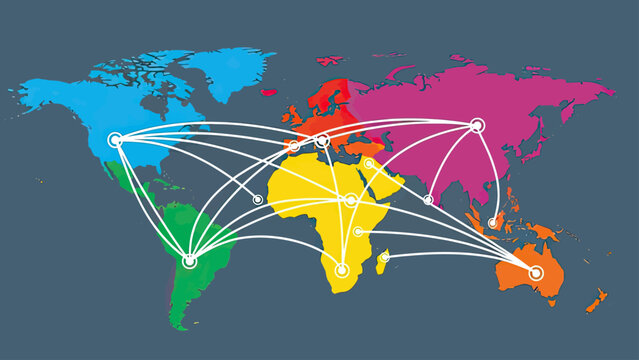 A colored world map with connecting lines emanating from circles on continents