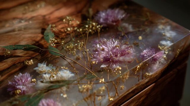 Close-up of a compact epoxy resin nightstand, embedded dried flowers and leaves preserved inside clear resin, smooth edges and soft reflections, artistic handcrafted furniture for