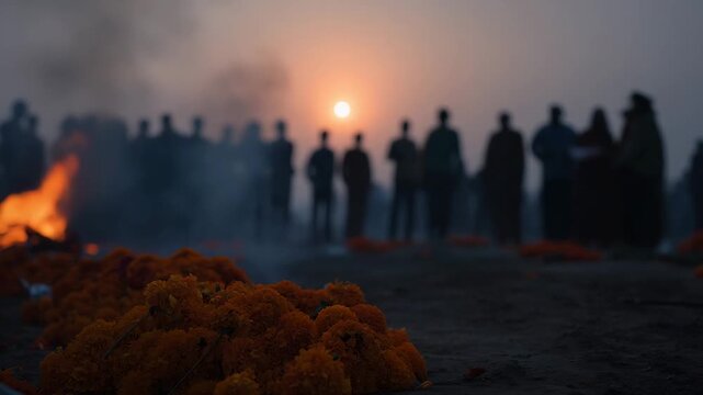 dawn funeral ceremony with orange marigold flowers in sharp foreground focus on dark ground, small pyre fire left  