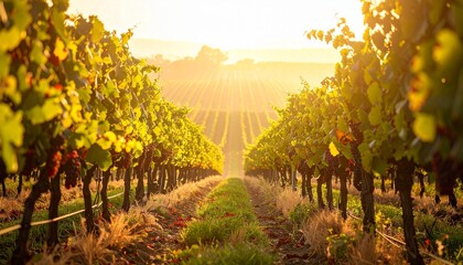 Sunlight shines through grapevines in a vineyard during harvest season in the afternoon