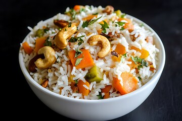 Delicious vegetable biryani with cashew nuts ultra hd photo