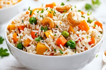 Vegetable biryani with cashews and peas ultra hd photo