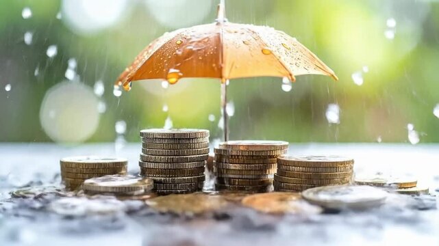 Conceptual image showing financial protection with an umbrella sheltering stacks of coins from rain.