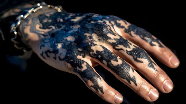 Close-up of a dark blackwork tattoo on a man&rsquo;s hand, bold abstract shapes and negative space, matte ink finish, veins and knuckle details visible, dramatic moody lighting
