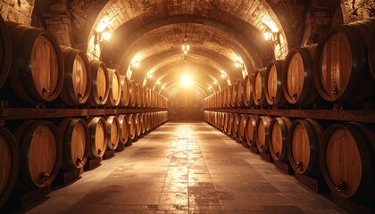Wine barrels line the walls of a dimly lit cellar in a historic winery during evening hours
