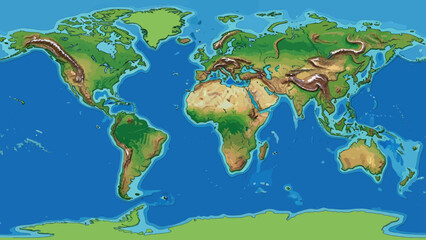 A stylized world map with varying land elevations, highlighting oceans, continents, and terrains © gudangPIXEL