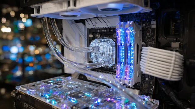 Close-up of a desktop PC with liquid cooler radiator and fans, condensation-free metal surfaces, smooth tubing, realistic high-performance home setup