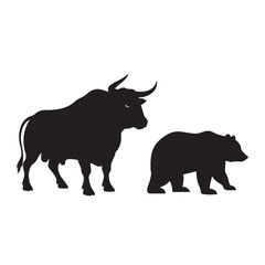 Fototapeta premium Black silhouette of a bull and a bear standing side by side facing left
