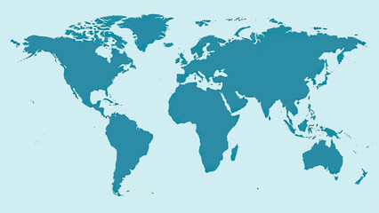 Obraz premium Flat, simplified map of the world, with landmasses in teal on a light blue background