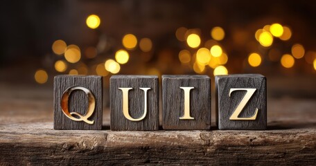 The Quiz Wooden Blocks on Rustic Table with Warm Bokeh Lights and Atmosphere