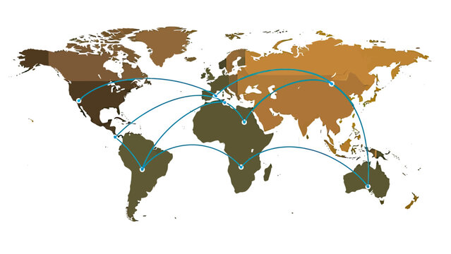 A world map displaying global connections with arched lines between various locations